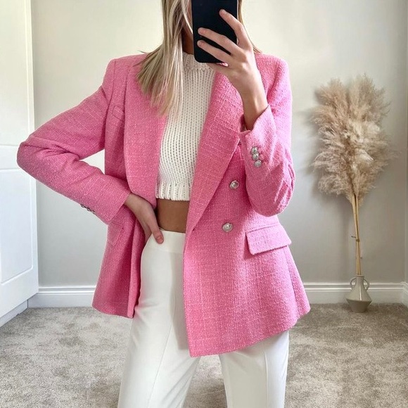 Zara pink tweed double breasted blazer barbie - Picture 2 of 13